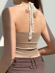 Voguable Suede Tank Top with Lace Collar Bandage Backless Halter Corset Fairycore Grunge Sleeveless Tops y2k Vintage Camis Women voguable