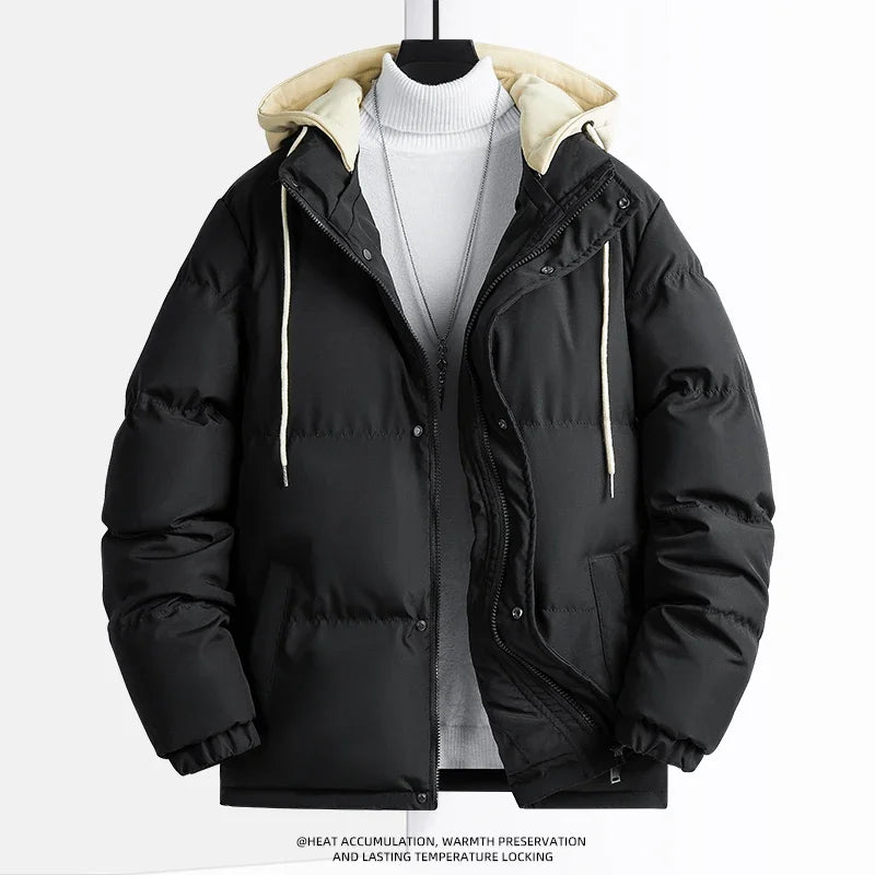 Winter Casual Male Windbreak Cotton Padded Down Jacket Warm Thick Mens Outwear Parkas New Solid Color Hooded Collar Men Parka voguable