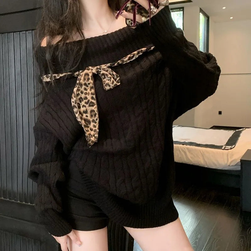 Sexy Off Shoulder Y2K Sweater Women Vintage Leopard Lace Up Knitted Jumper Casual Lazy Wind Long Sleeve Slash Neck Pullover voguable