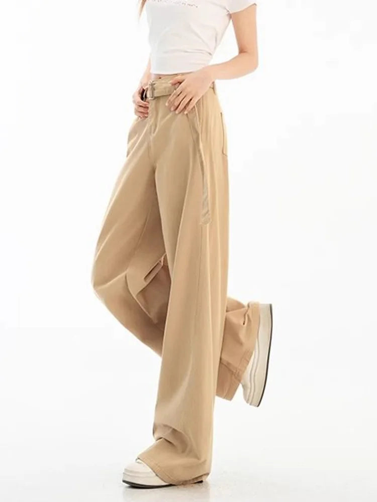 Belt Retro Khaki Jeans Women Y2K High Waist Loose Streetwear Denim Pants Casual American Vintage Autumn Wide Leg Trousers voguable