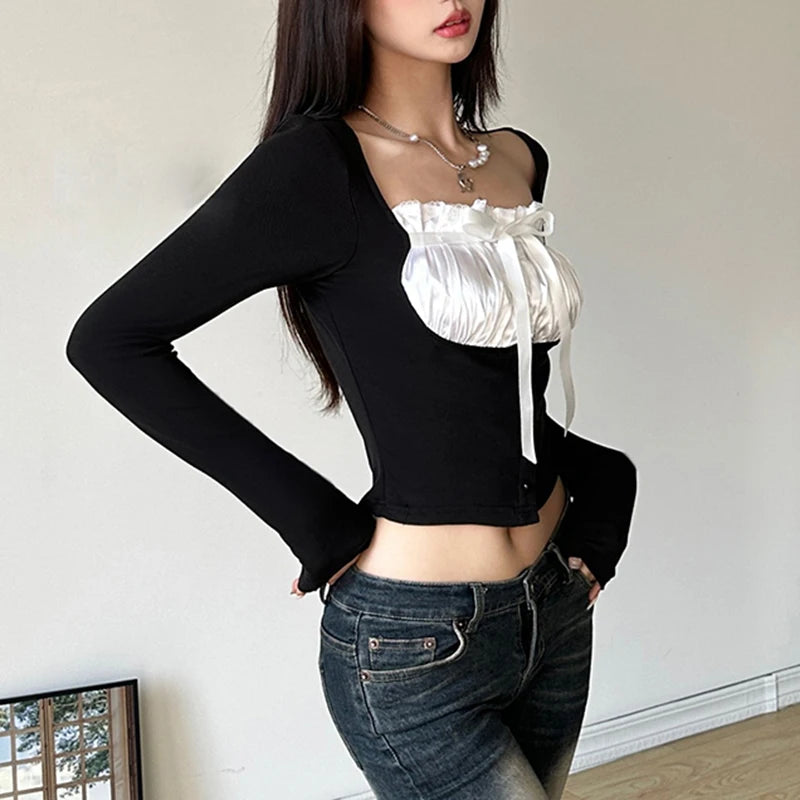 Voguable Sweet Contrast Pleated Satin Patchwork Cropped Top Women Coquette Slim-fit Knitted T-shirts Fall Spring Y2K Tops Kawaii voguable