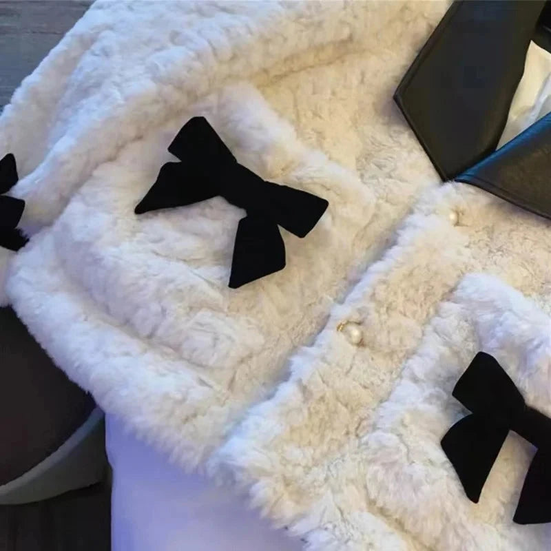 Women Sweet Bow Faux Lamb Coat Fashion Korean Long Sleeve Winter Warm Jacket Chic Slim Patchwork Elegant Pockets Outwear voguable