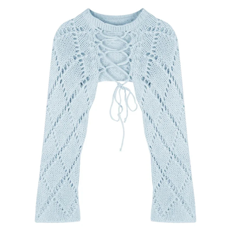 Voguable 2024 Summer New Korean Hollow Sexy Backless Lace-up Solid Color Long-sleeved Sweater Women + Basic Camisole Two-piece Suit voguable