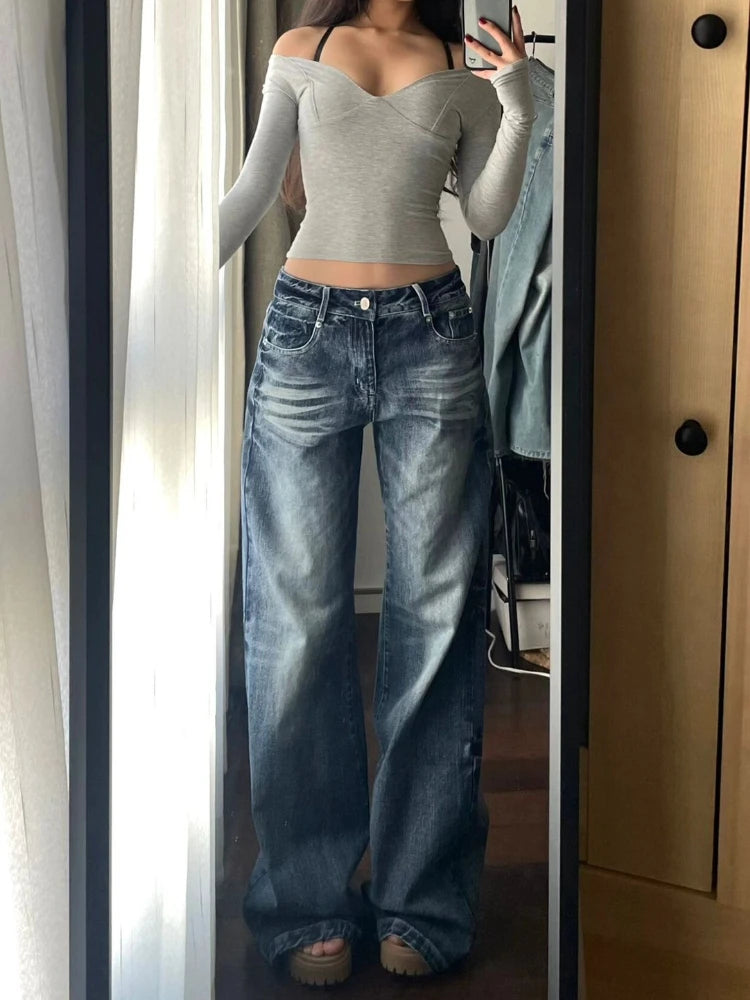 Voguable Y2k Vintage Wide Leg Jeans for Women Washed Casual High Waist Loose Denim Pants Streetwear Korean Straight Trousers voguable