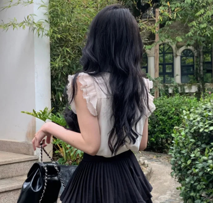 Voguable  Summer Ruffles Tops Stand collar Sleeveless Women blouse shirt Patchwork Lace Up Chiffon Tops voguable