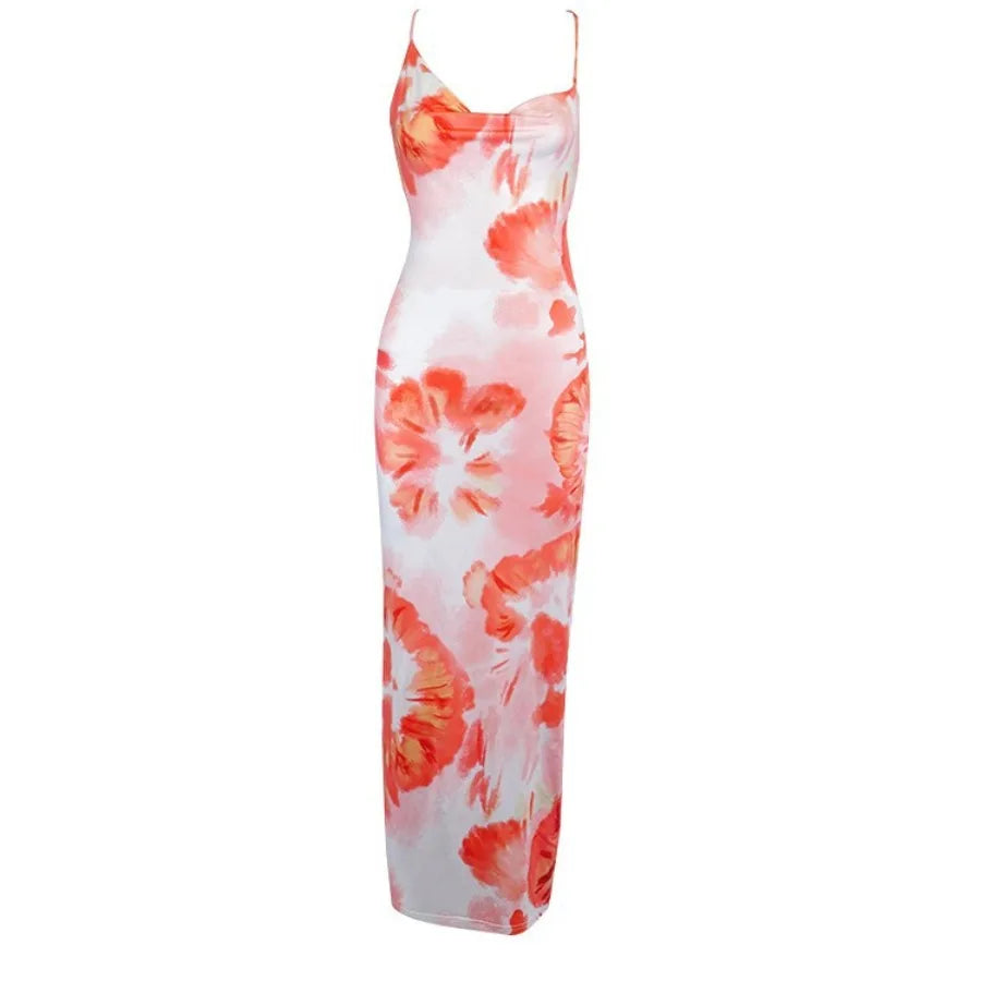 Voguable  European and American summer hit  tie-dye print sexy back -strap mid-long suspender dress voguable