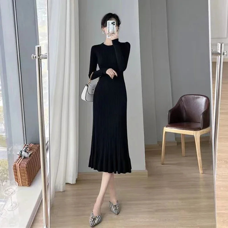 Apricot Knitted Ruffles Dress Women Korean Autumn Elegant Slim Long Sleeve Midi Dress Solid Streetwear Casual A Line Dress voguable