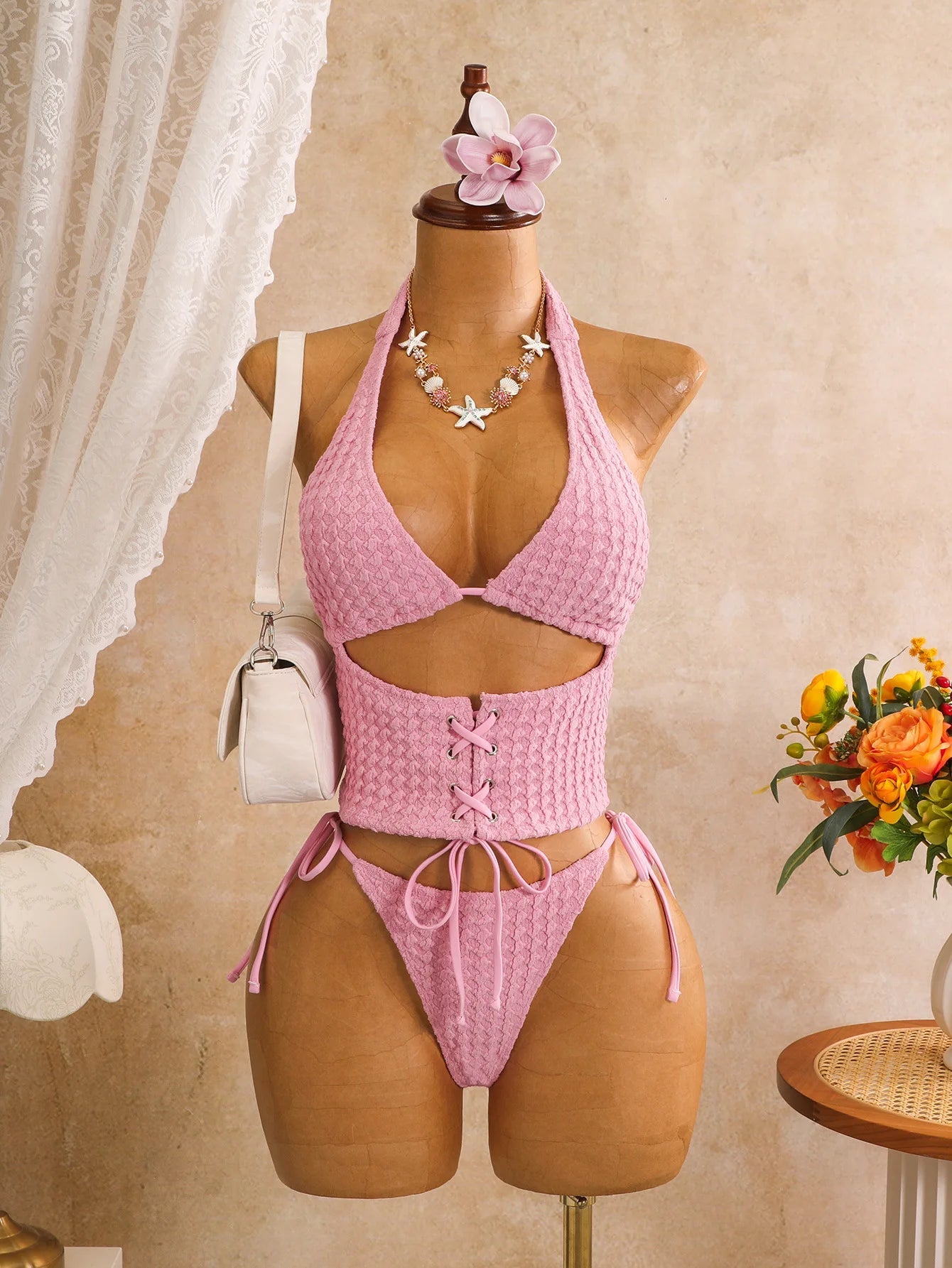 Voguable  Women Solid Textured Bubble Fabric 2 Piece Bikini Set Halter Triangle Lace Up Waist Corser Side Tie Thong Swim Beach Swimwear voguable