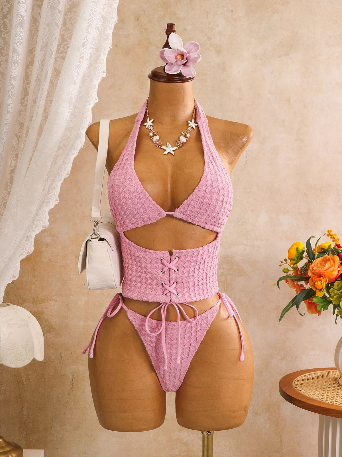 Voguable  Women Solid Textured Bubble Fabric 2 Piece Bikini Set Halter Triangle Lace Up Waist Corser Side Tie Thong Swim Beach Swimwear voguable