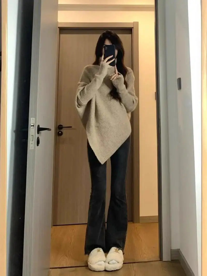 Autumn Winter New Women Sweater Korean Fashion Chic Casual Turtleneck Solid Asymmetr Loose Batwing Sleeve Pullovers Knitted Tops voguable