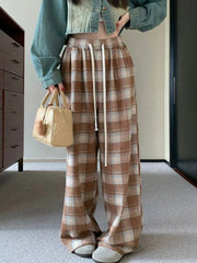 Vintage Faux Woolen Plaid Pant Women High Waist Soft Loose Wide Leg Trousers Casual Female Fall Winter Pockets Retro Y2K Pants voguable