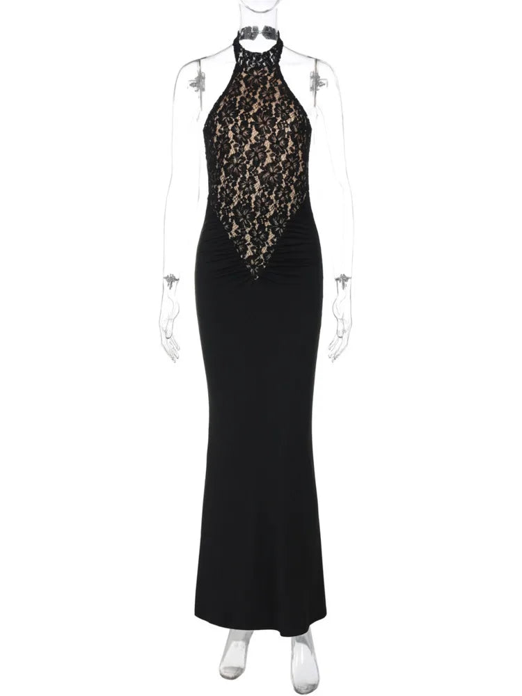 Lace Halter Backless Sexy Maxi Dress For Women Black Off-shoulder Strapless Sleeveless Bodycon Club Party Long Dress voguable