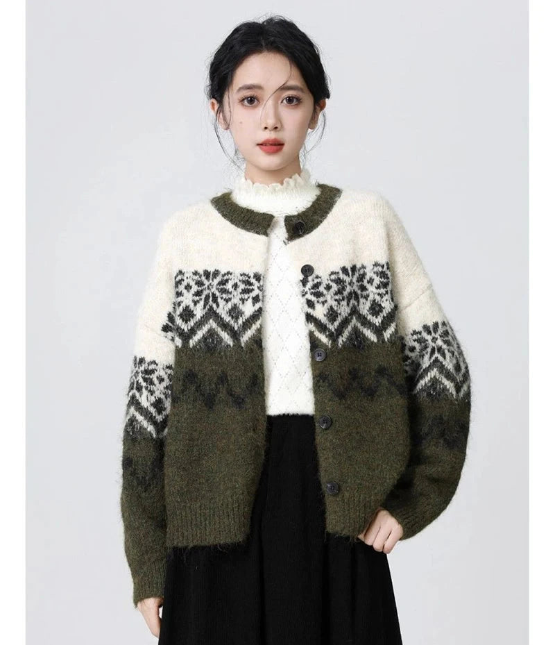 Women O Neck Retro Print Cardigan Sweaters Casual Lazy Wind Long Sleeve Knitted Short Coat Fall Winter Vintage Harajuku Lady Top voguable