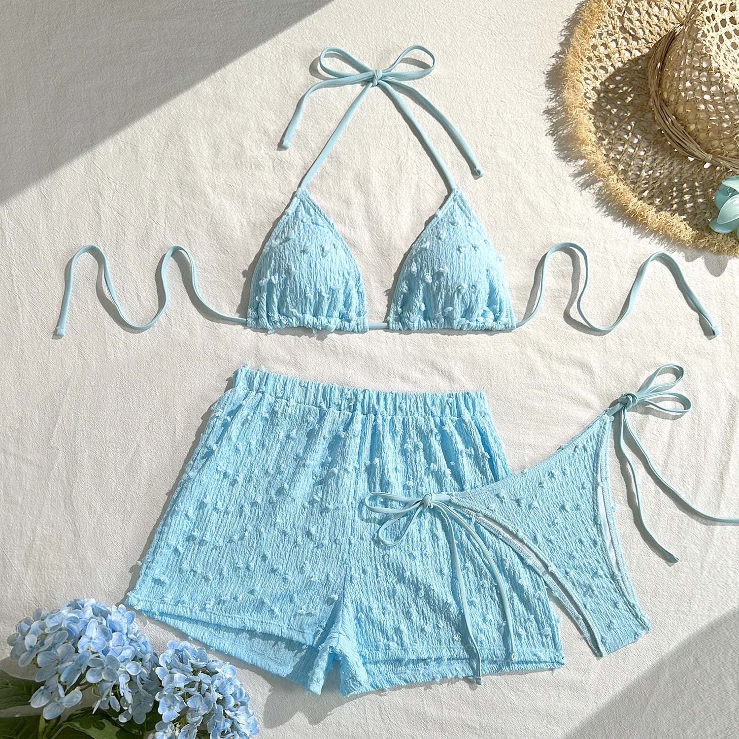 Voguable  European and American new fashionable and sexy three-piece bikini bikini cross-border solid color neck strap swimsuit women voguable