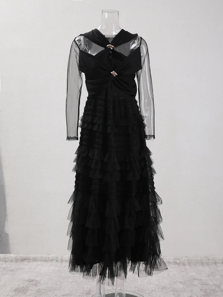 Solid Lace Mesh Spliced Dresess For Women Round Neck High Waist Long Sleeve Elegant Dress Female Spring 2025 New voguable