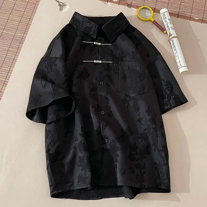 Summer Short-sleeved Shirt Men's New Chinese Men's National Trend Shirt Loose Large Size Metal Button Couple's Top Aesthetic voguable