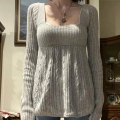 Vintage Babydoll Tops Pullovers Lady Aesthetic Coquette Knit Sweaters Outfit Autumn Square Neck Long Sleeve Knitwear Jumpers Y2k voguable