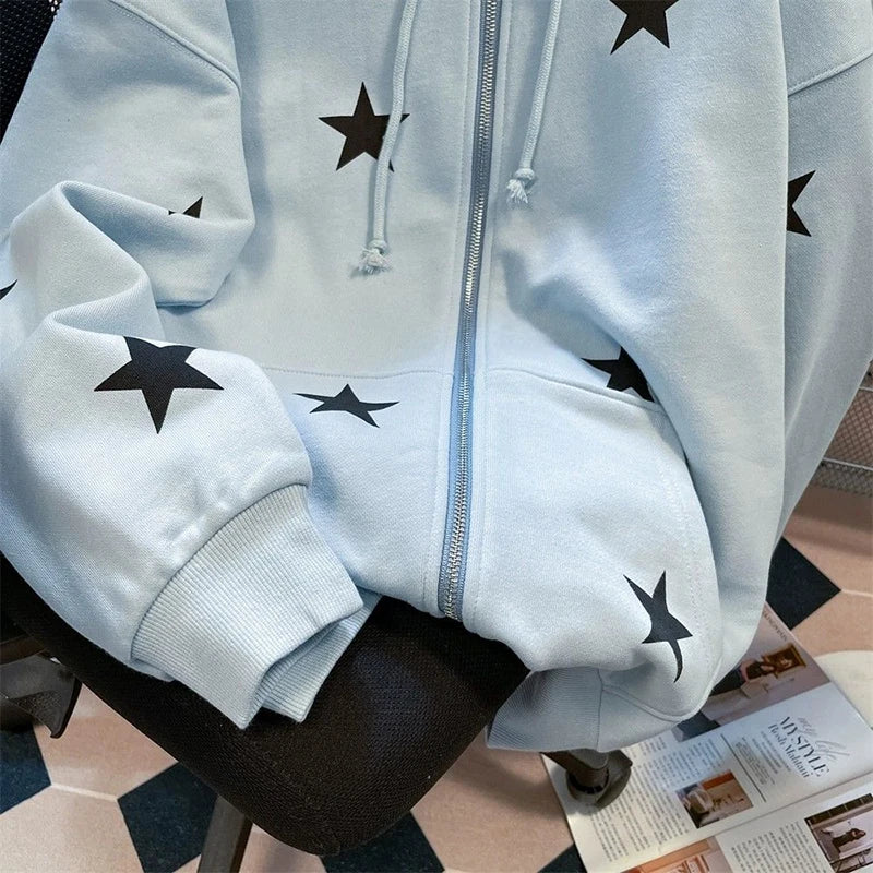 Stars Print Hoodies Women Vintage Streetwear Long Sleeve Loos Blue Sweatshirts Casual Pockets Lace Up American Fall Tops voguable
