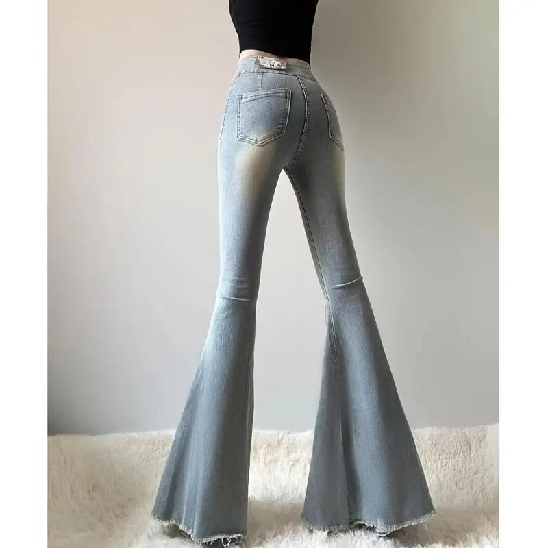 Hot Girl High Waist Tassel Women Fishtail Floor Mopping Jeans Spring Summer Slimming Elasticity Fashion Casual Denim Flare Pants voguable