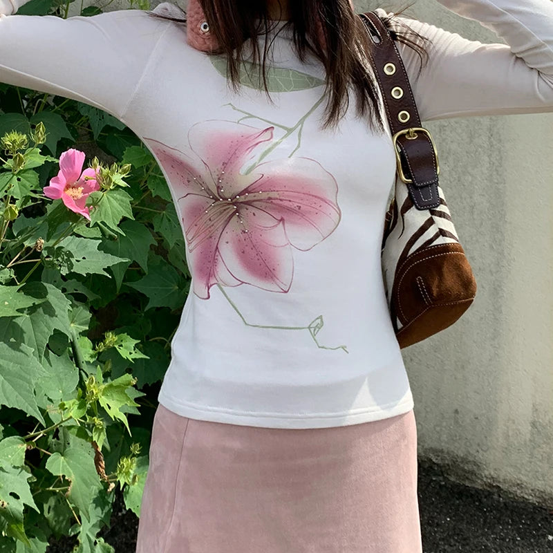 Fairy Coquette Top Women y2k Clothing Rhinestone Floral Print Round Neck Long Sleeve T Shirts 2000s Clothes Streetwear voguable