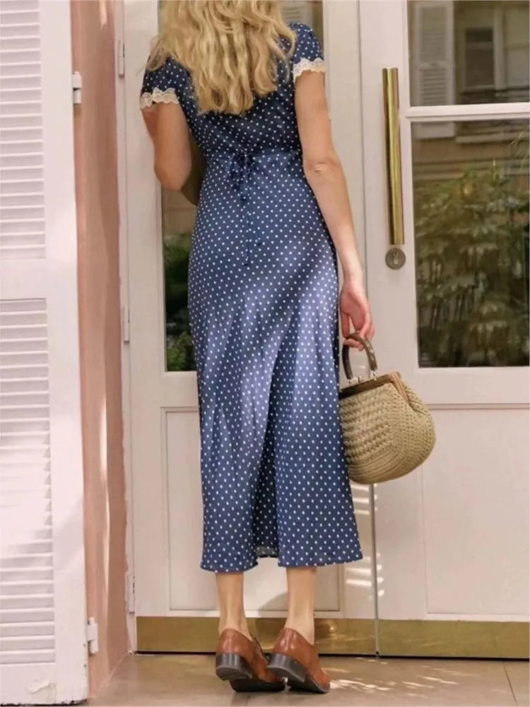 Chic Fashion Lace Polka Dot Long Dress V-neck Sexy Women Dress Navy Blue Vintege Elegant Dresses 2025 New Woman Clothing voguable