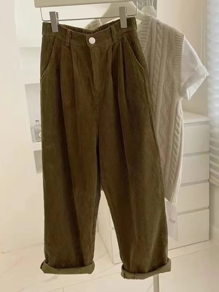 Voguable  High Waist Women Vintage Corduroy Pants Spring Fashion Straight Causal Trousers Solid Korean All Match Pants voguable