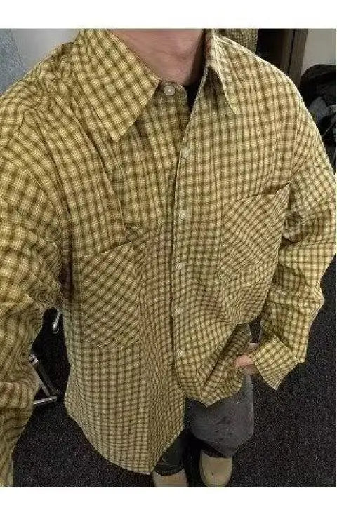 American Retro Yellow Plaid Shirt Men Women Spring and Autumn Korean Casual Loose Sun Protection Thin Couple Fashion Trend Shirt voguable