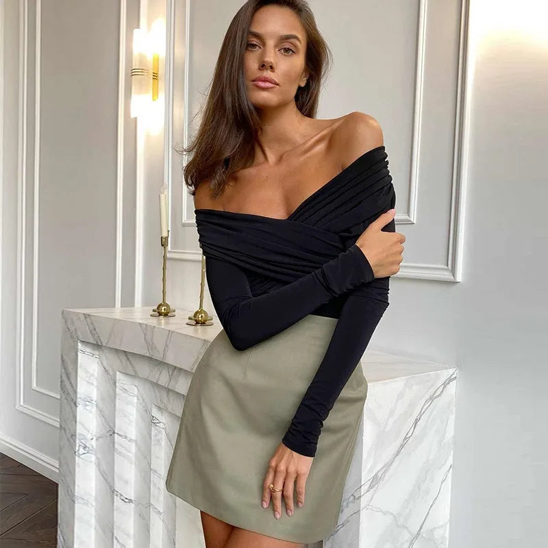 Red Sexy Off Shoulder Women's Bodysuits Fashion Crossed Folds Skinny Rompers Long Sleeve Fashion Streetwear Autumn Bodysuits New voguable