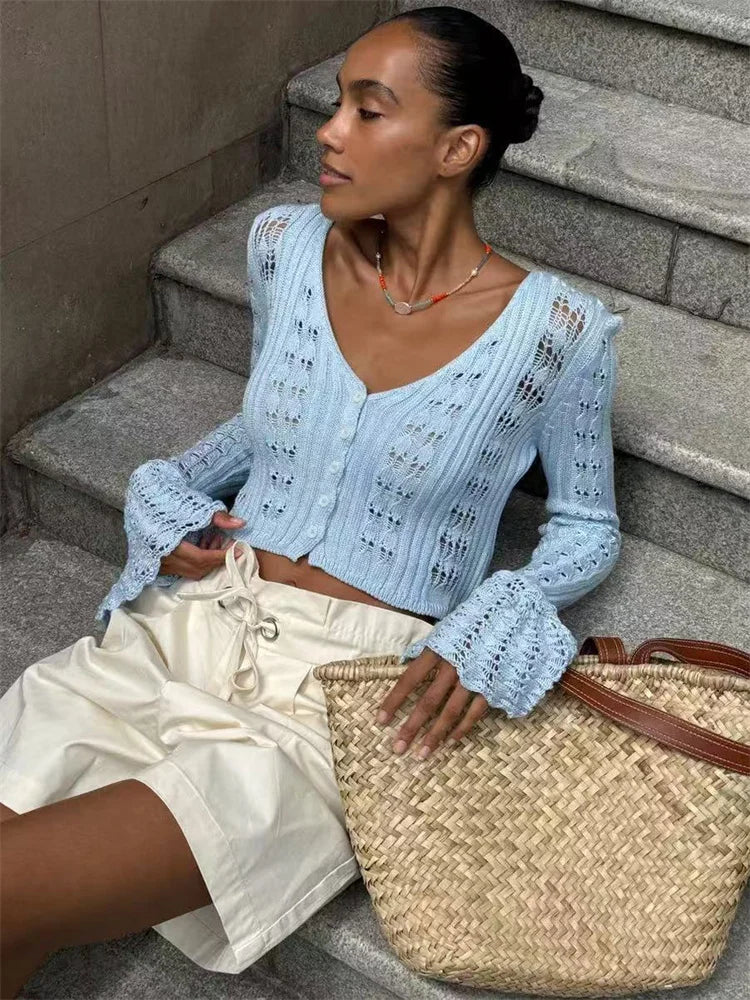 Knitwear Hollow Out Sweater Cardigan Women V-Neck Long Sleeve See-Through Cropped Top Summer Knit Patchwork Cardigan Top voguable