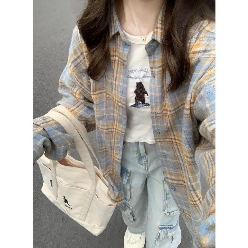 Women Shirt Women Long Sleeve Mid Length Vintage Blue Plaid Pocket Turn down Collar Preppy Style Shirts Blouse Female Cardigan voguable