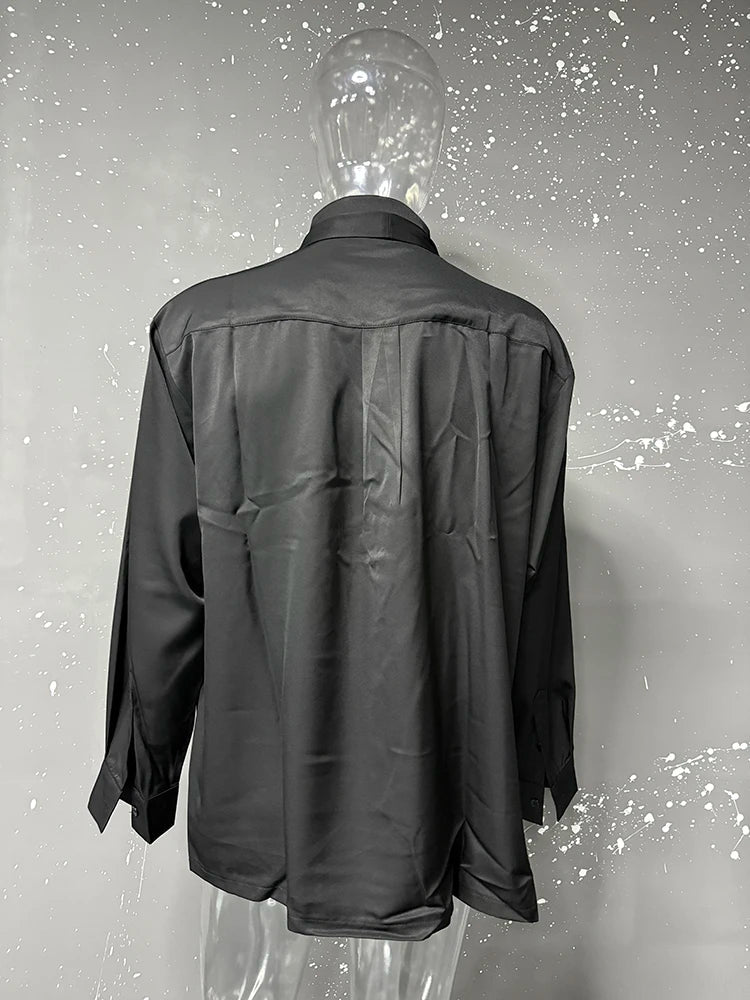 Korean Style Men's Shirts Turn-down Collar Detachable Tie Lace-up Design Single Breasted Casual Solid Color Male Tops 9W180 voguable