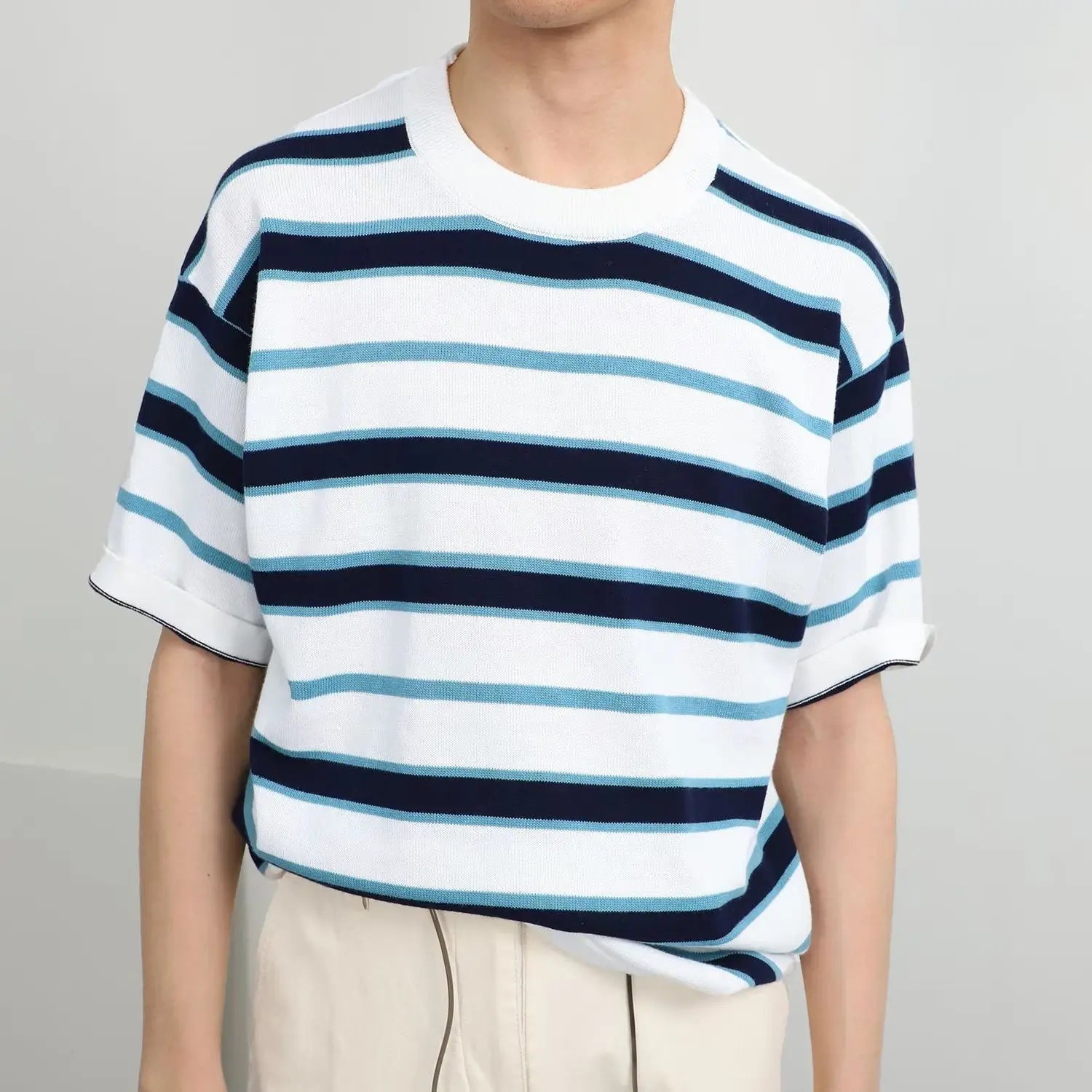Voguable  Retro American Casual Short-sleeved T-shirt for Men Round Neck Short-sleeved T-shirt Base Shirt for Summer New Stripes for Men voguable