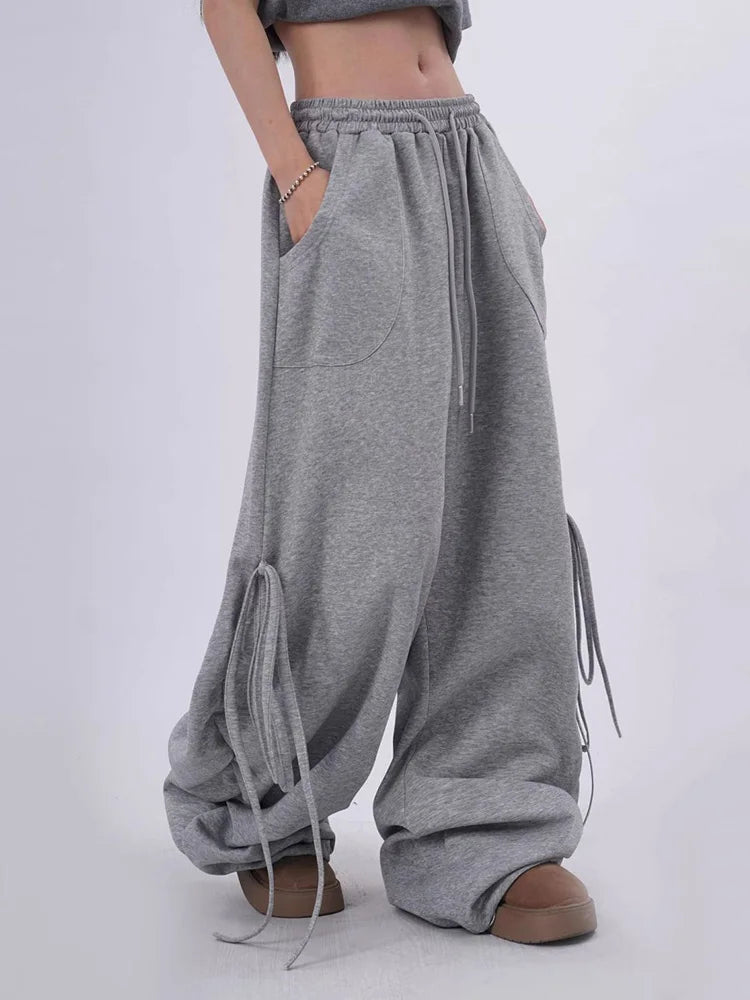 Streetwear Gray Sweatpants Women Low Waist Loose Harajuku Pockets Pants American Casual Hip Hop Lace Up Oversize Bf Trousers New voguable