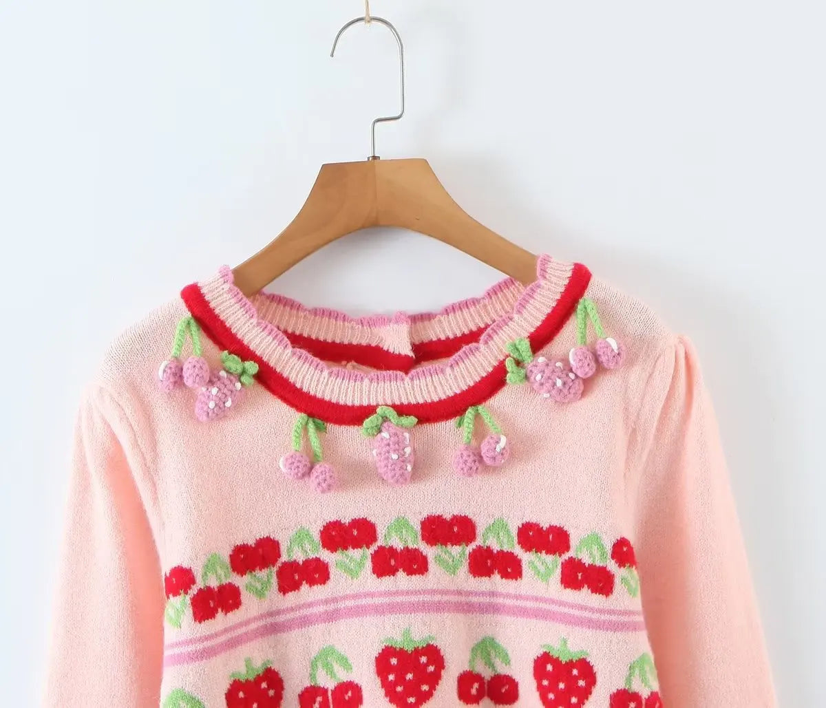 Voguable  New Fashion Women Sweet Pink Strawberry Cherry Thin Knit Sweater O Neck Long Sleeve Female Crop Pullover Autumn Tops voguable