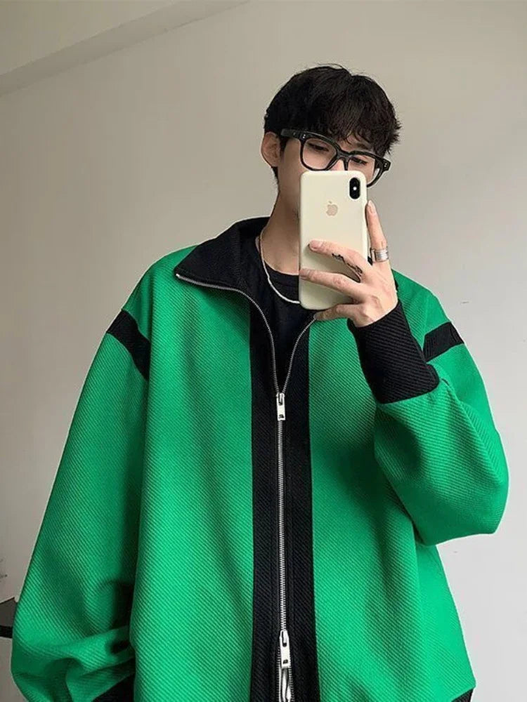 Voguable  Knitted Sweaters for Men Aesthetic Jacket Man Clothes Cardigan Coat Zip-up Zipper Collared Green Knitwears Cotton Mode Neck A S voguable