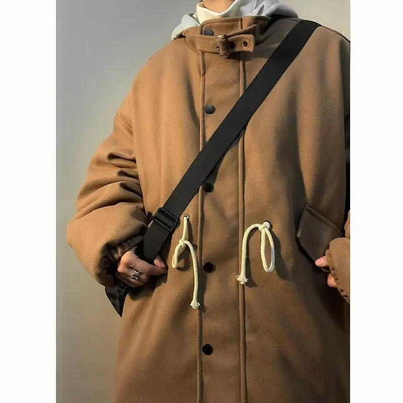 Voguable  Man Jacket Autumn Winter High Street Patchwork Men Outerwear Loose Pocket Zipper Hooded Windproof Male Fake Two-piece Coat voguable