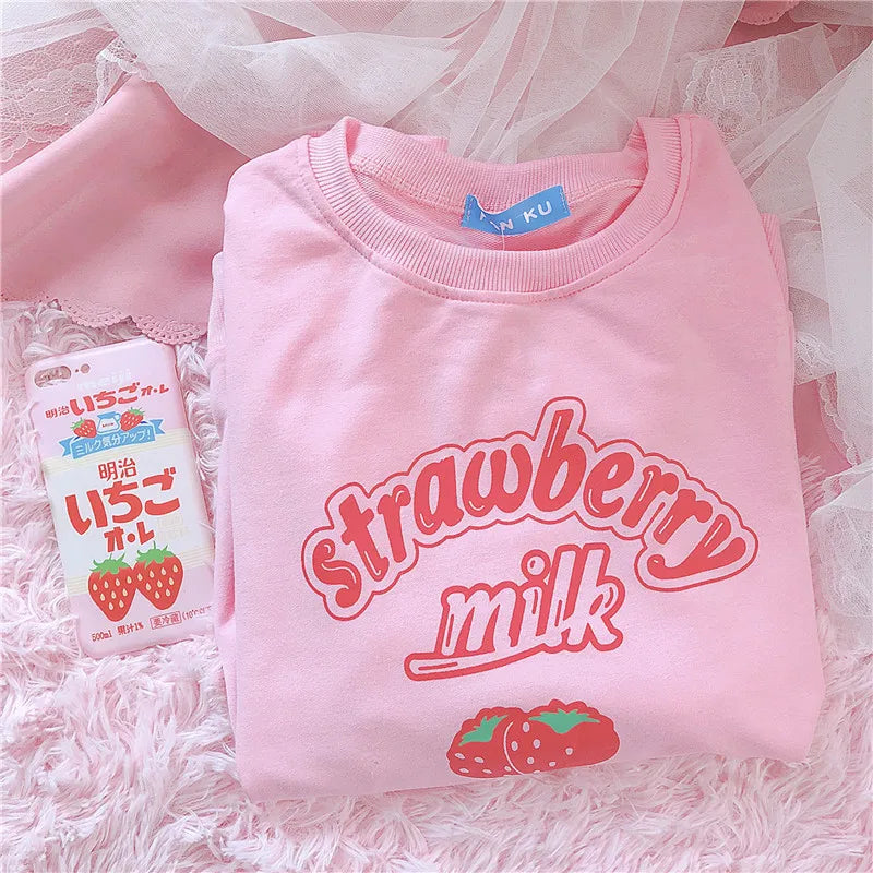 S-3XL Harajuku Kawaii Sweatshirt Strawberry Pink Sweatshirts Spring Kpop Korean Style Fleece Women Cute Top Outwear for Girls voguable