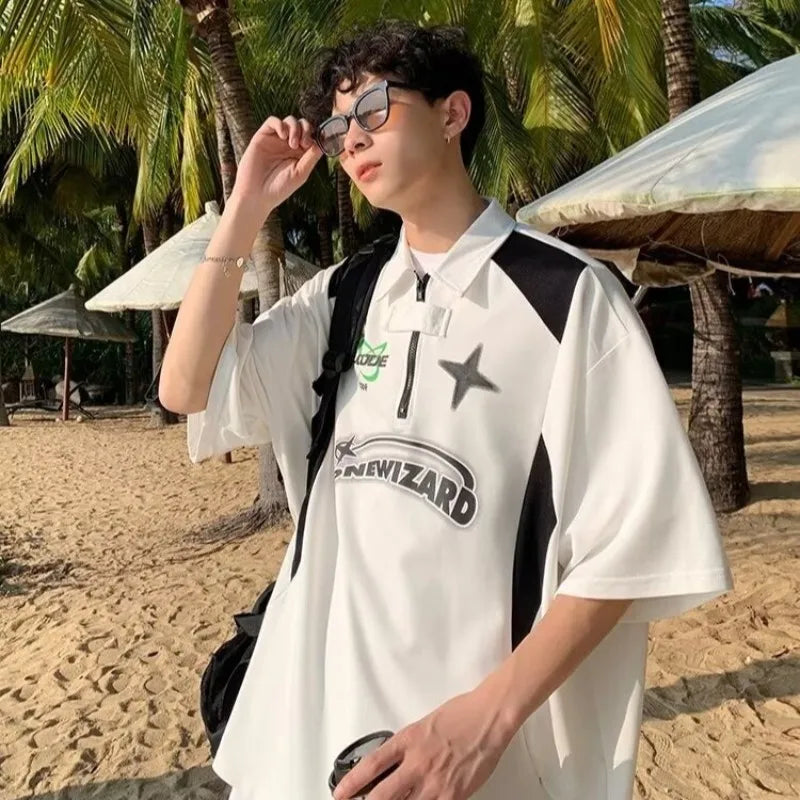 American Retro Short Sleeved Y2k Motorcycle Style Polo Collar Simple Versatile Loose Vintage Summer Couple T-shirt Casual Top voguable