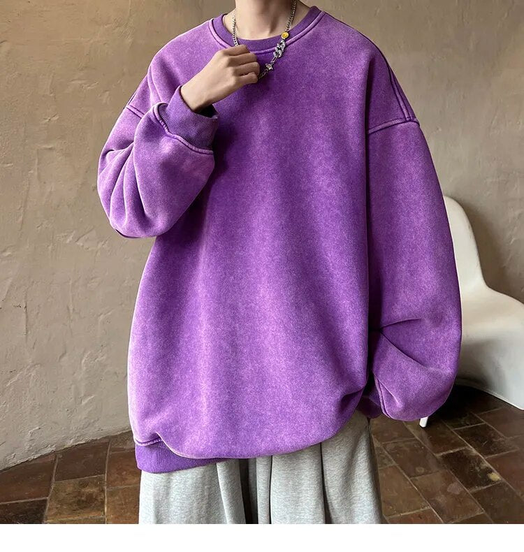 American Washed Old Pullovers Sweatshirts Men Loose Solid Color Autumn Large Size Warm O Neck Tops Hip Hop Y2k Sweatshirt voguable
