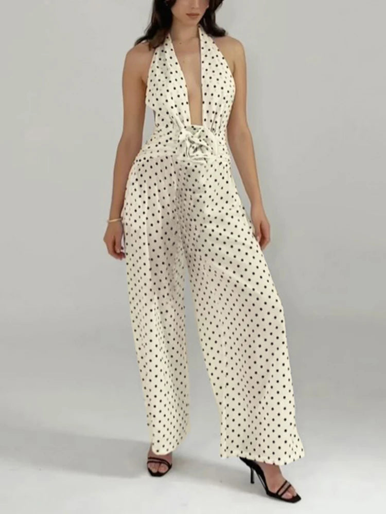 Halter Backless Jumpsuit Women Polka Dot Prin Bandage Sleeveless v-Neck Wide Legs Office Street Skinny Sexy Overalls voguable