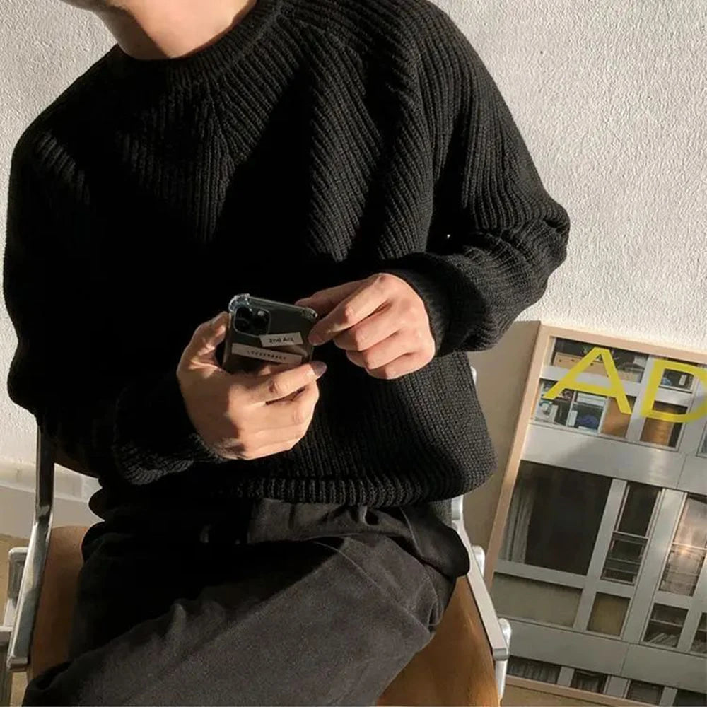Voguable  Men Autumn Winter Korean Style Loose Round Neck Knitted Sweater Gender-Neutral Trendy Casual Solid Color Simple Sweater Unisex voguable