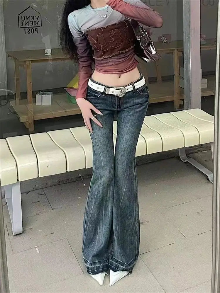 American High Street Spicy Girls Low Waist Jeans Women Autumn Vintage Y2k Design Sense Slim Fit Straight Tube Micro Flare Pants voguable
