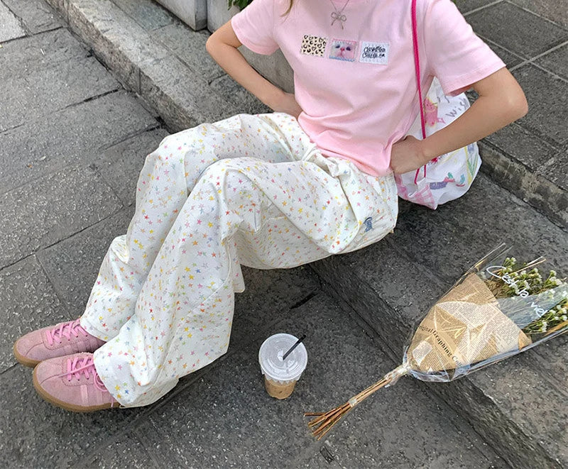 Stars Print Letter Cargo Pants Women Sweet Fashion High Waist Wide Leg Trousers Casual Loose Preppy Style Female Cute Pants voguable