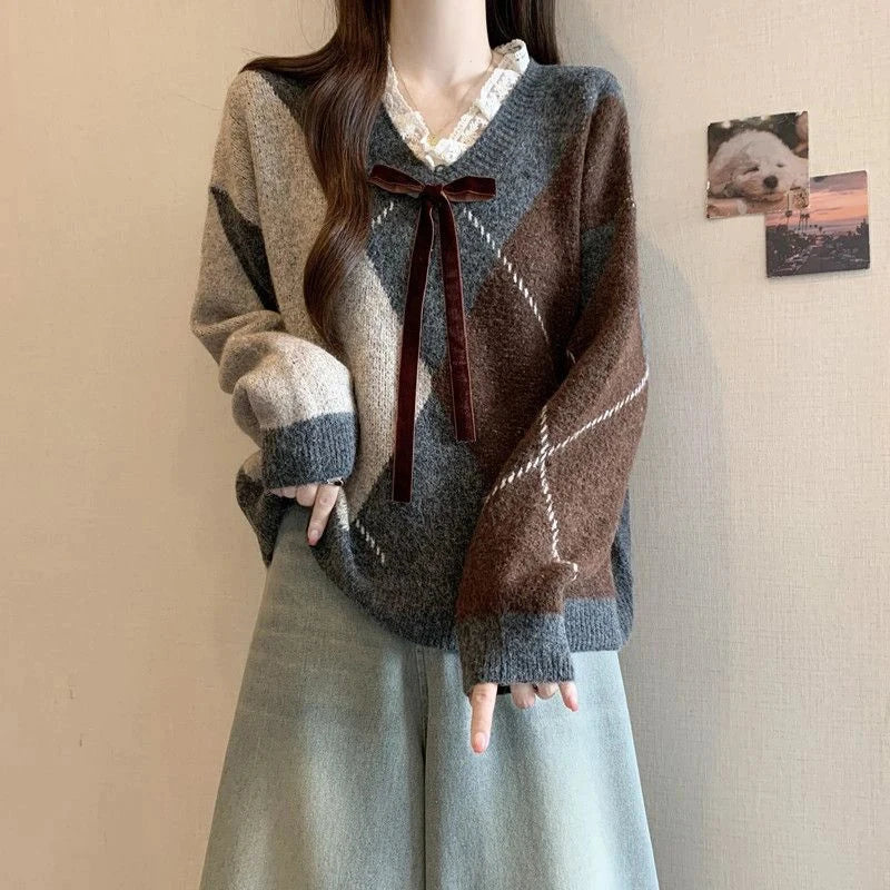 Sweet Bow Argyle Sweaters Women Retro Preppy Style Loose Knitted Pullover Lace Patchwork Long Sleeve Female Vintage Jumpers Fall voguable