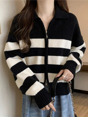 Voguable  Chic Double Zipper Striped Cardigan Sweater Women Korean Casual Simple Knitted Tops Fall Winter Turn Down Collar Outwear voguable