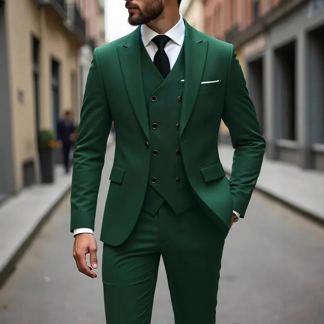 Voguable  Dark Grey High Quality Men Suits Slim Fit Single Breasted Peak Lapel Elegant Groom 3 Piece Jacket Pants Vest Male Sets voguable