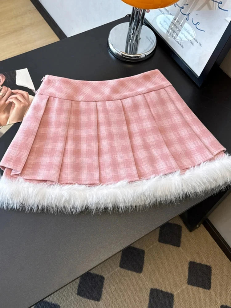 Sexy Sweet Plaid Skirt Women High Waist Faux Woolen Fashion Korean Mini Skirts Fall Winter Preppy Style Slim A Line Skirt voguable