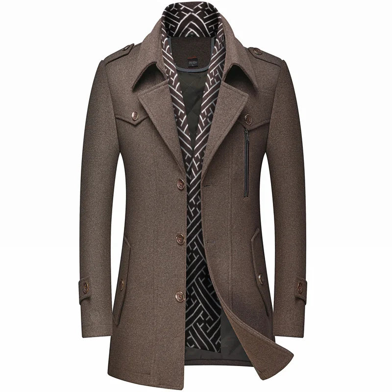 Winter Men's Woolen Coats Fashion Thicken Mid Length Trench Solid Turn Down Collar Warm Outerwear Business Casual Wool Coat Men voguable