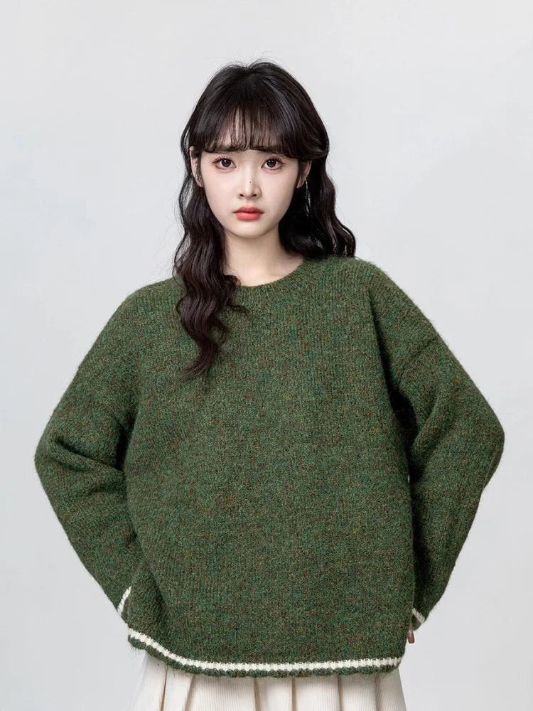 Cute Retro Green Sweaters Women Preppy Style Loose O Neck Long Sleeve Knitted Jumper Japan Vintage Sweet Female Simple Pullovers voguable