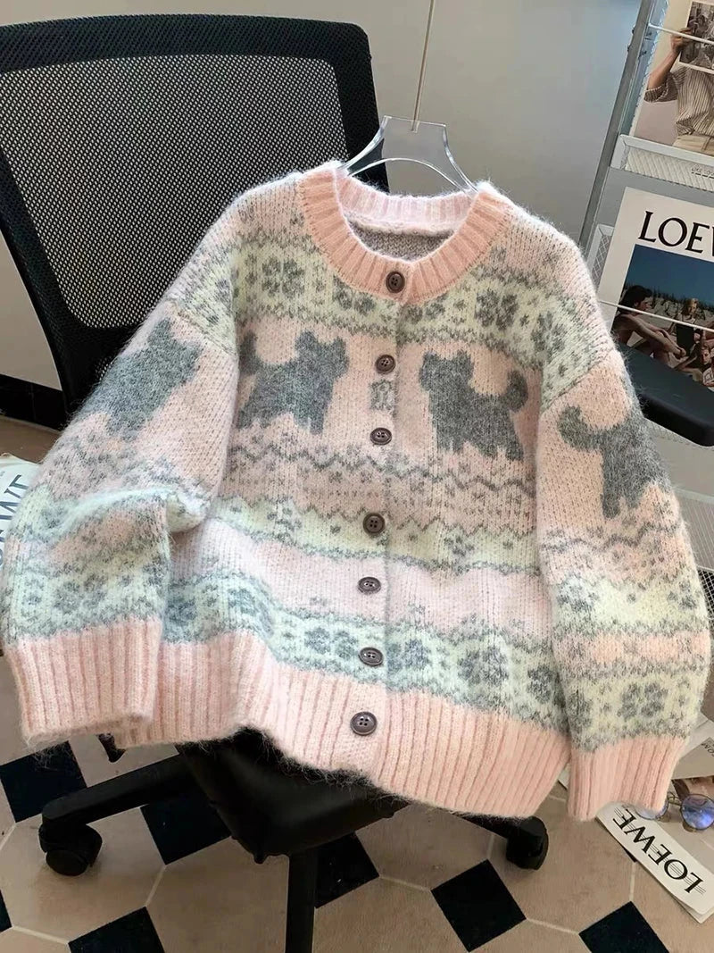 Sweet Pink Cartoon Cardigan Sweaters Women Vintage Lazy Wind Long Sleeve Cute Knitted Coat Casual Japan Kawaii Loose Tops voguable